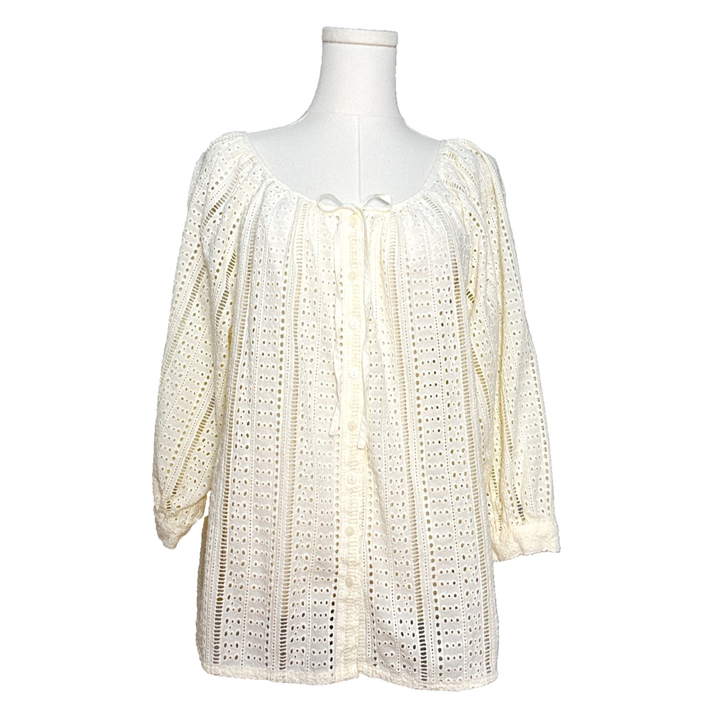 Joie Cream Eyelet Lace Button Front Relaxed Fit Blouse Medium